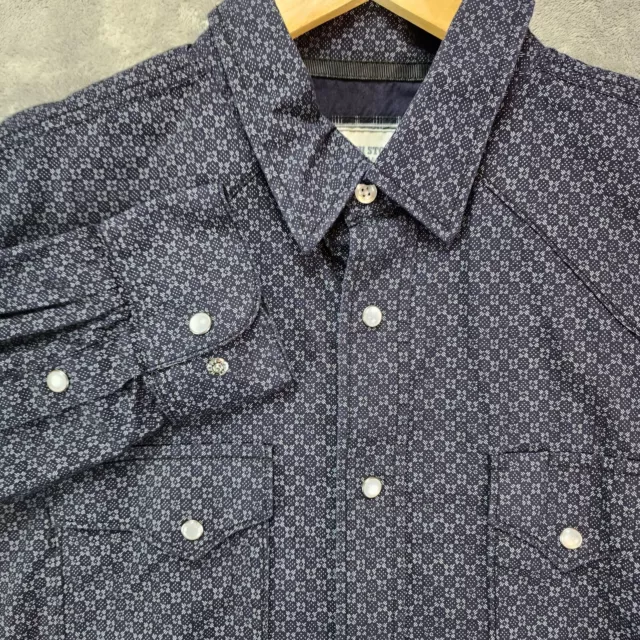 Panhandle Slim Shirt Mens Large Blue Geometric Yoke Pearl Snap Point Pockets