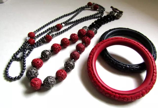 Nice Lot of Faux Cinnabar Carved Red & Black Necklace Resin Bangles Chinese Bali