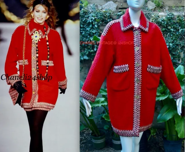 ICONIC CHANEL VINTAGE 1990 Red Braid Trim Cc Buttons Tweed Jacket