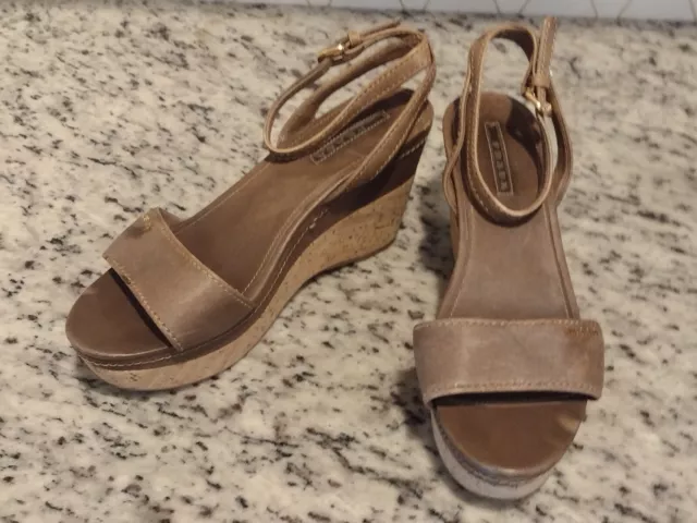 Prada Platform Wedge Sandals Cork Strappy Brown Leather Size 39.5 (US 9.5)