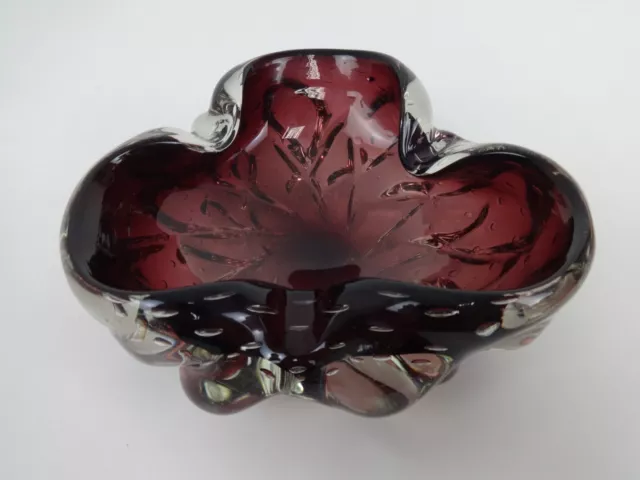 Vintage Ashtray Art Glass Bowl Trinket Dish Purple Clear Abstract Chunky Design