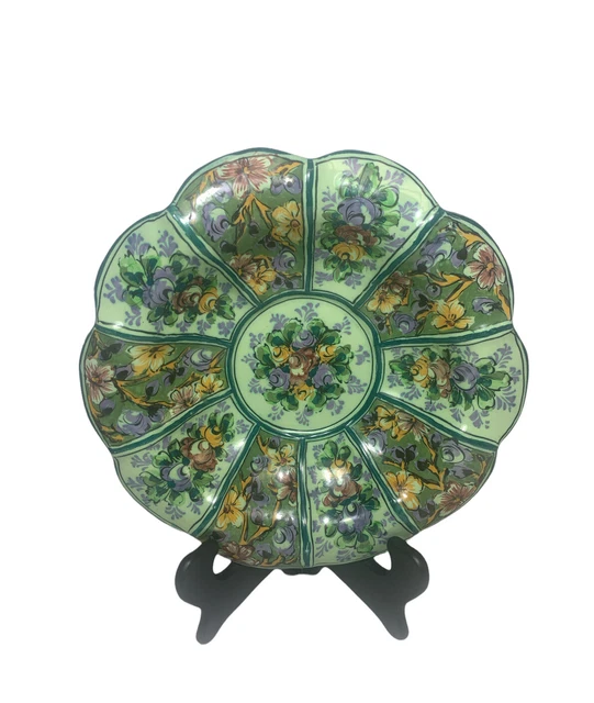 Vintage Hand Painted Bowl Majolica Portugal Pauls Faience Floral Green Scalloped