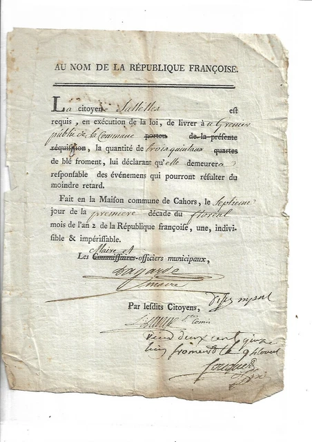 Révolution. An II. République. Cahors. Réquisition. Blé. Froment. Militaria. RRR