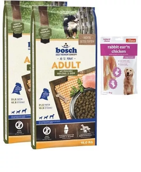 2x15kg Bosch Adult volaille & millet + 80g de snacks à la viande