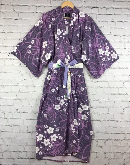 Hen Japanese Kimono Robe One Size Purple Floral Traditional Butterfly Sleeves