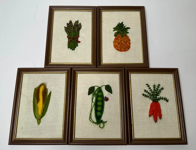 Vintage Handmade Vegetable Art Mini Embroidery Portraits 8x6 - Set Of 5 1980’s