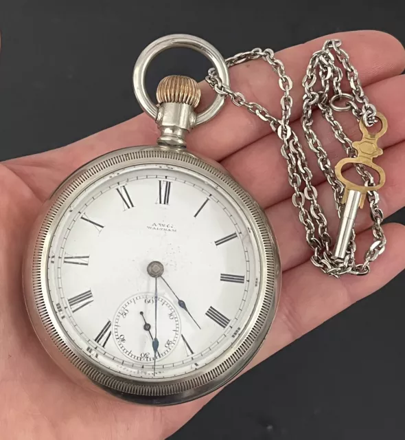 Antique WM Ellory Waltham Ore Silver Key Wind Pocket Watch Running