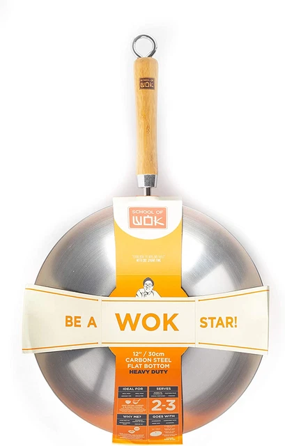 School of Wok - 12"/30 cm acero al carbono resistente wok, parte inferior plana, mango de bambú