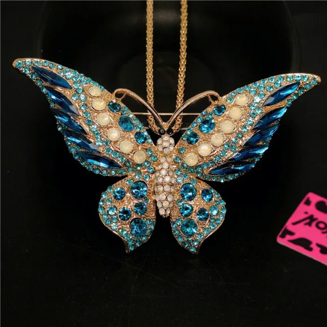 Betsey Johnson Lovely Rhinestone Blue Butterfly Crystal Pendant Chain Necklace