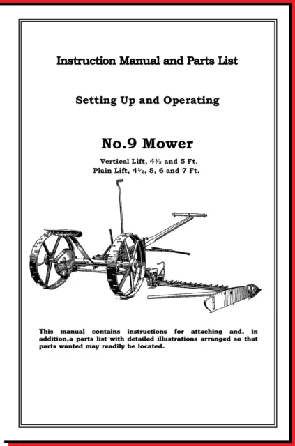 IH International McCormick-Deering No 9 Horse Drawn Sickle Mower Owner's Manual