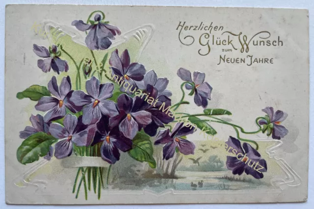 AK alte Postkarte Motiv Neujahr Sylvester um 1906 Litho Prägekarte Blumen