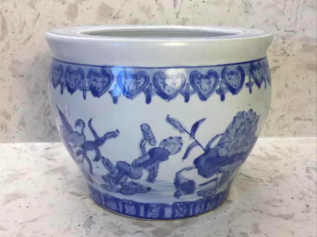 Vintage Hand Painted Blue & White Planter Fish Bowl Jardiniere 8"w x6.25"T CHINA