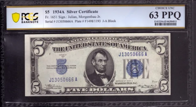 1934 A $5 Silver Certificate Note Fr 1651 Ja Block Pcgs B Choice Unc 63 Ppq