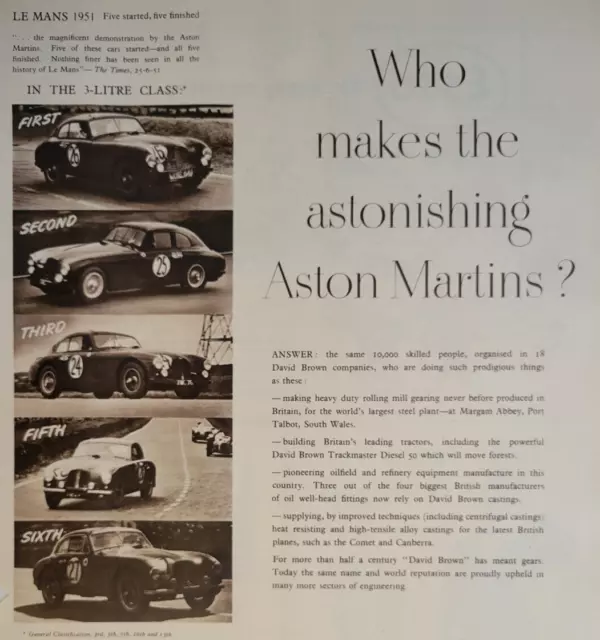 Aston Martin Cars Le Mans 1951 Race Won 3-Litre Class Ad 1952 ILN ~14.5x10"