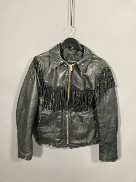 TASSELED LEATHER BIKER Jacket - Size UK10 - Black - Great Condition - Women’s