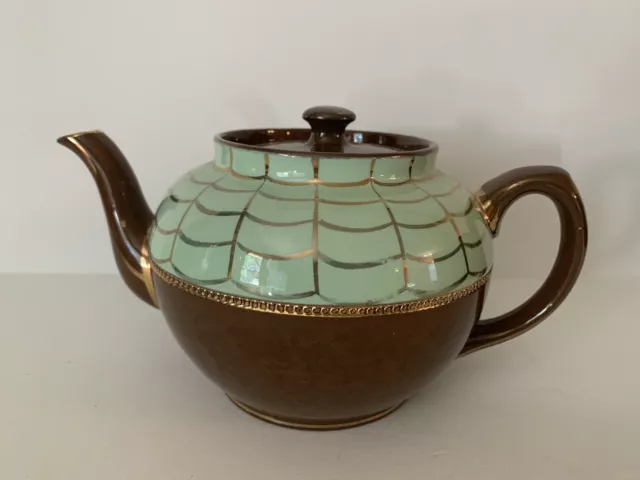 Vintage Sadler Teapot with Gold Gilding Staffordshire England Brown And Mint