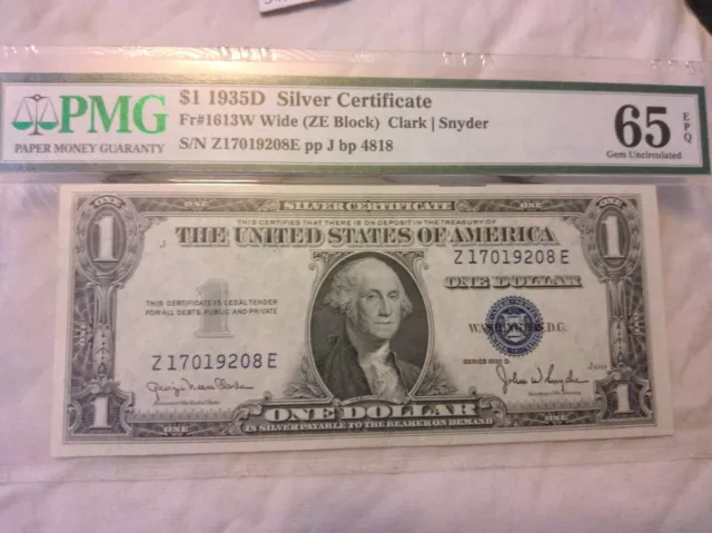 1935D $1 DOLLAR BILL WIDE SILVER CERTIFICATE NOTE Fr 1613W GEM UNC PMG 65 EPQ