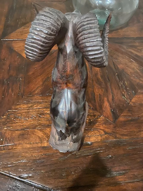 Vintage Ironwood Hand Carved Big Horn Mountain Ram Statue Sculpture