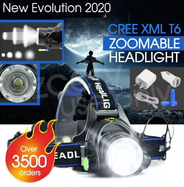 350000LM Zoomable LED Headlamp Rechargeable Headlight CREE XML T6 Head Torch 3