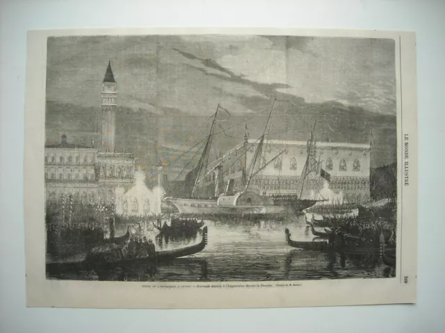 Gravure 1869. L’imperatrice Eugenie A Venise. Serenade Donnee Devant La Piazetta