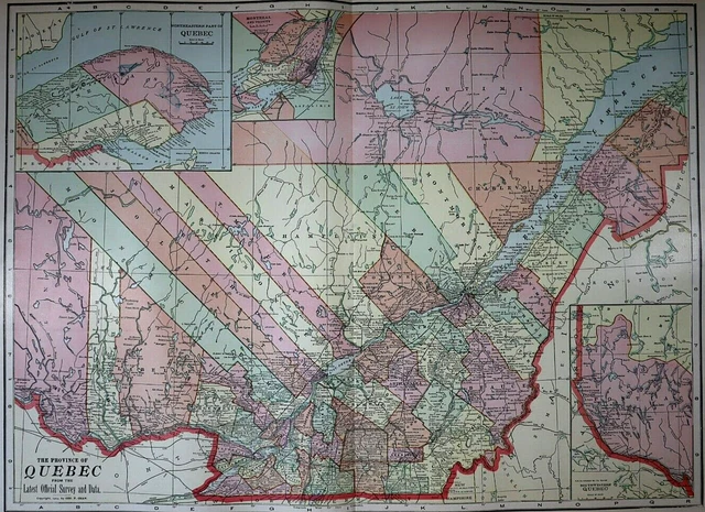 Old (Lg14x22) 1904 Cram's Atlas Map ~ QUEBEC, CANADA ~ Free S&H ~Inv#291