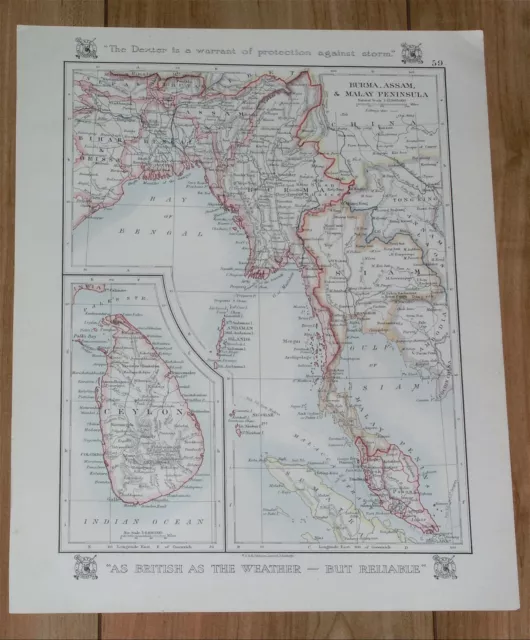 1921 Antique Map Of Thailand Siam Malaysia Singapore Sri Lanka Ceylon / Turkey