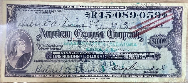 American Express Company 100$ US Dollars Travellers Cheque - 1960s