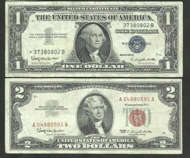 Two Bill Combo Red Seal & Silver Certificate Notes~Varied year & Condition