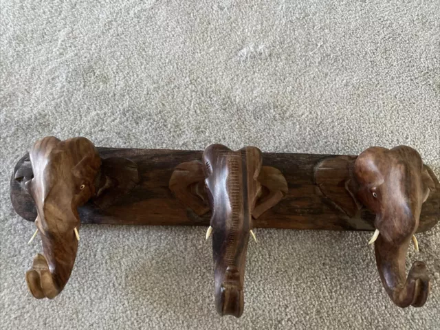 Vintage hand carved Wooden Triple ELEPHANT coat / cloth Hanger - From Thailand