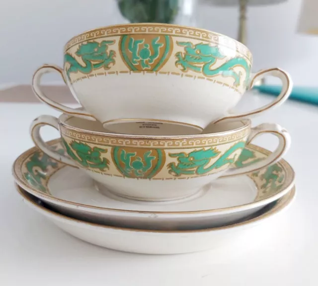 Porcelain Booths Green Dragon on beige Silicon China/Soup Cup & Saucer- 2 pair