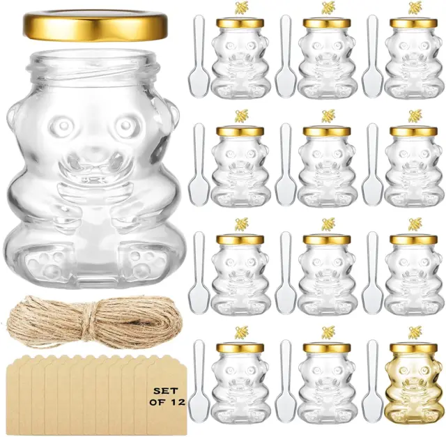 12 Pieces 4 Oz Bear Shaped Glass Honey Jars Gold Lids Extra Gold Bee Pendants Cl