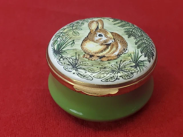 Crummles Enamel Trinket Pill Box Bunny Rabbit in the Garden Green England 1.75" Crummles Enamel Trinket Pill Box Bunny Rabbit in the Garden Green England 1.75"