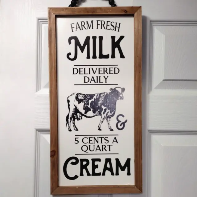 Farmhouse Kitchen Sign 10 x 19" in Wood Frame Country Cow Black White Milk Cream