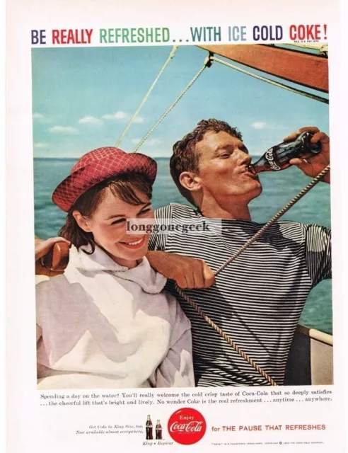 1959 COCA COLA Man Woman Enjoying COKE on Sailboat Vintage Print Ad