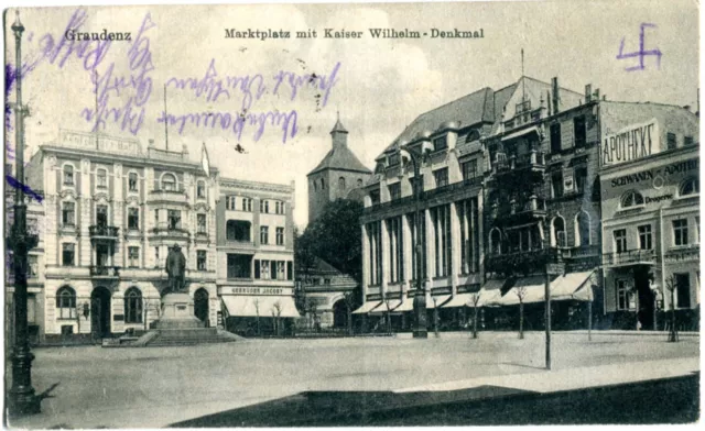 AK GRAUDENZ /Westpr. Marktplatz, Kaiser-Wilhelm-Denkmal, Schwanen-Apotheke 1917