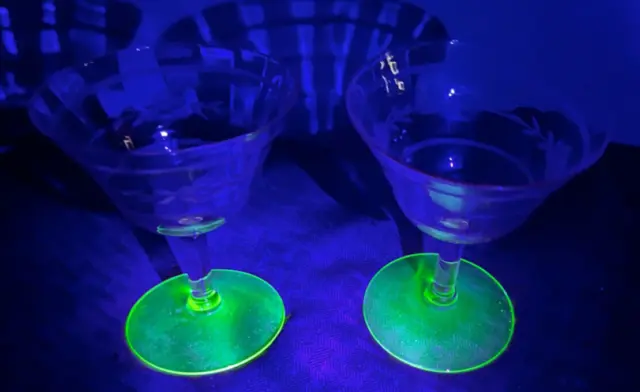 Set of (2) Etched Watermelon Pink/Green Depression/Uranium Glass Martini Glasses