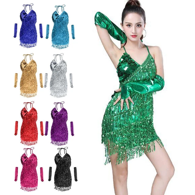 Paillettes Dancewear avec Paire de Gants Assortis Robe de Danse Latine Femmes /