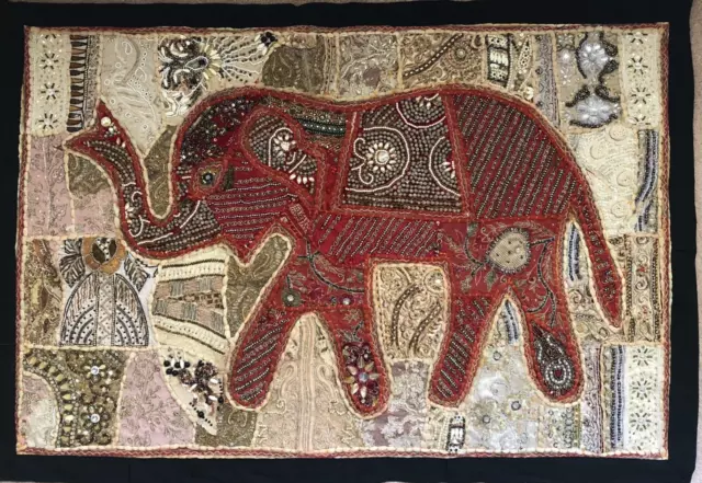 Burmese Kalaga Hanging Tapestry BOHO Handmade Beaded Sequined Elephant Wall