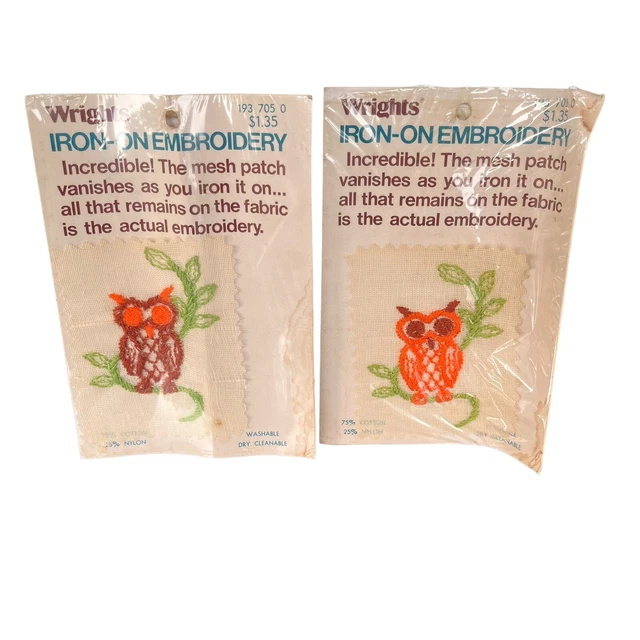 Wrights Iron-On Embroidery Owls Lot Of 2 Made In USA
