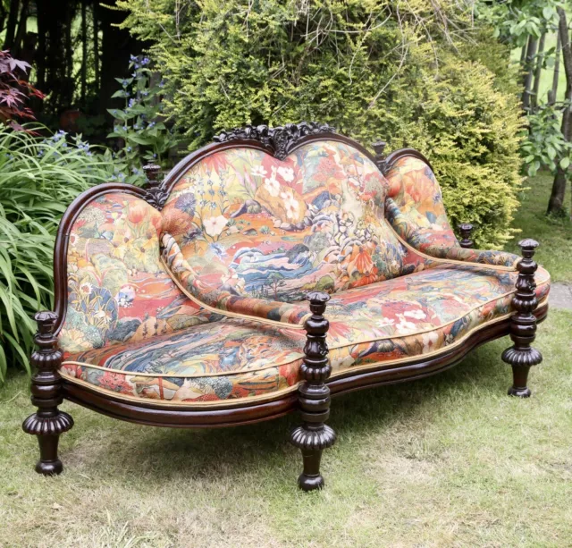 Fine Victorian Antique Rosewood Conversation Seat With Osborne & Little Fabric