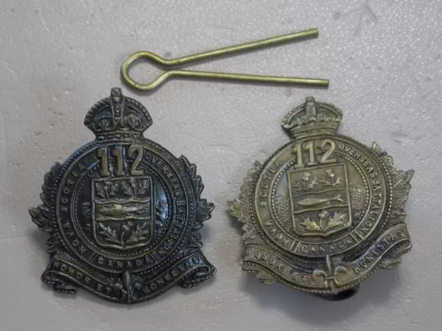 PAIR WWI Canadian Army 112th Battalion Collar Badge CEF Overseas Battalion