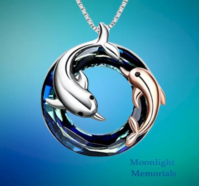 New Dolphin Crystal Cremation Urn Keepsake Ashes Silver Memorial Necklace