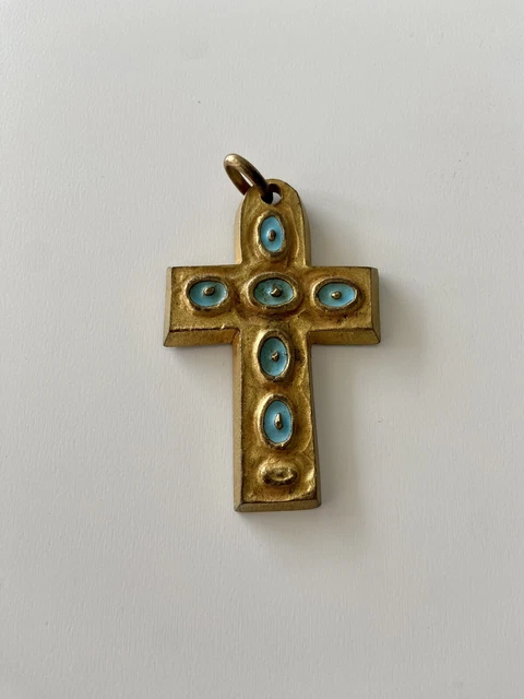 Pendentif Croix En émail Turquoise – Bijou Vintage Occasion
