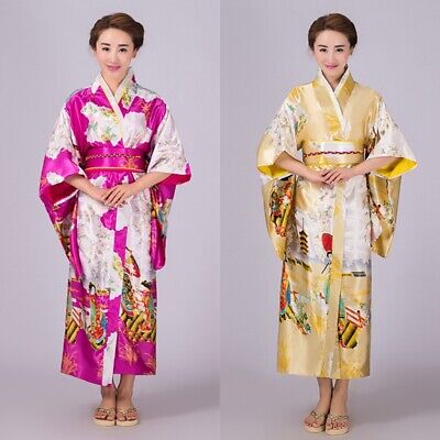 Girl Geisha Satin Kimono Floral Japanese Yukata Robe Ethnic Vintage Show Cosplay