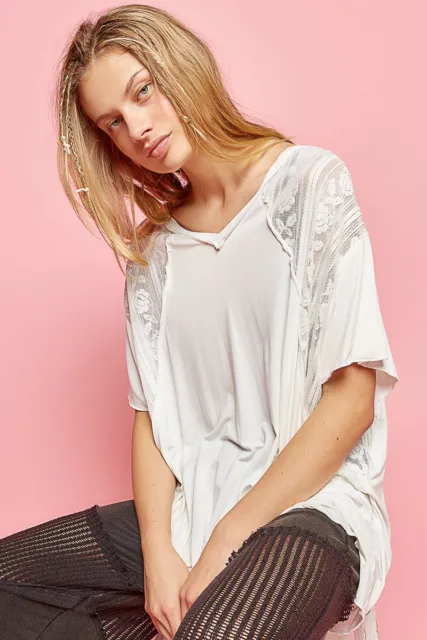 POL V-Neck Lace Detail Jersey Knit Top in Ivory Women's