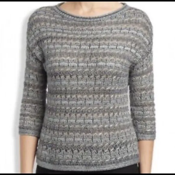 Lucky Brand  Womens Metallic 3/4 Sleeve Sweater Gray Lg
