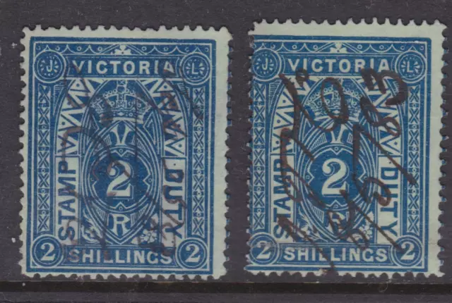 Victoria Rare 1880-85 2/- Blue Qv Stamp Duty X2 Used Sg 258 Cv$120+ (Dk48.10)