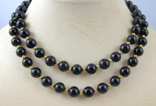 Black Onyx Necklace 20" Smooth Beads w/ 14kt Gold Filled Clasp & Beads --  8mm