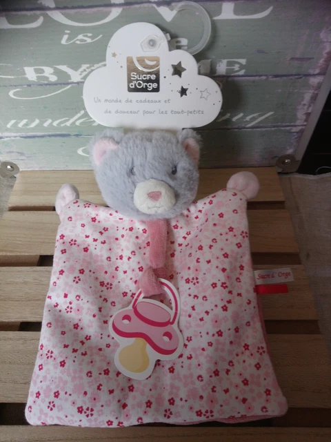 Doudou plat chat ours tétinou gris rose fleur attache-tétine Sucre d'orge neuf