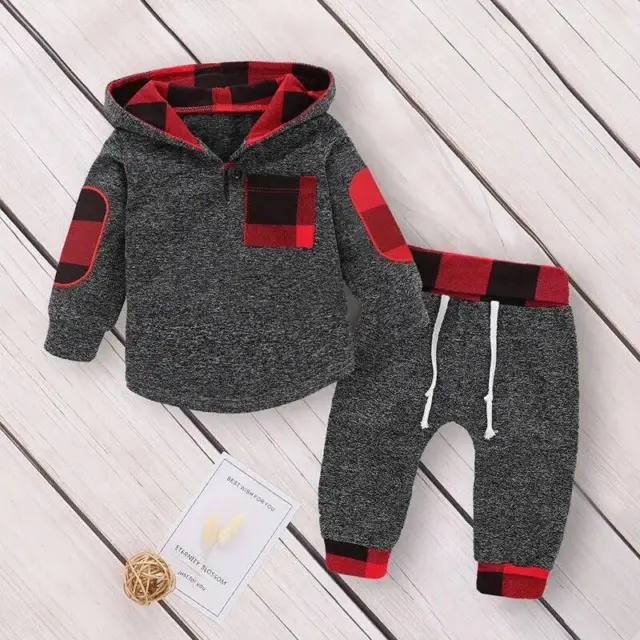 Toddler Infant Baby Boys Clothes Plaid Hooded Tops Pants Outfits Set Tracksuit
